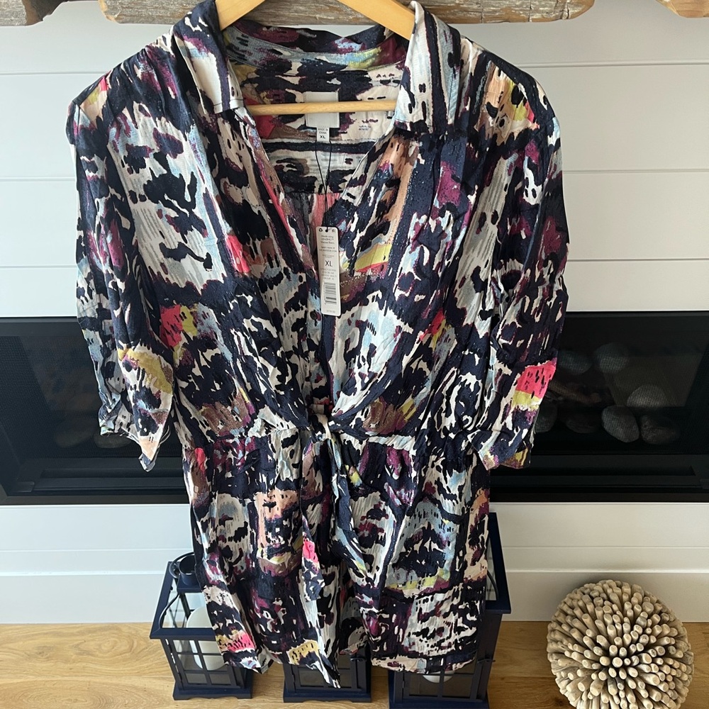 NWT's NIC+ZOE Multicolor Abstract Button-Front Dress in Navy, Coral, Yellow -